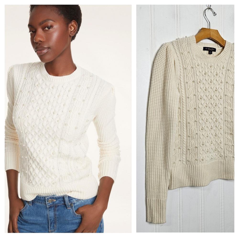Brooks Brothers Sweater S Pearl Bead Merino Wool Cable Knit Crewneck Ivory Cream